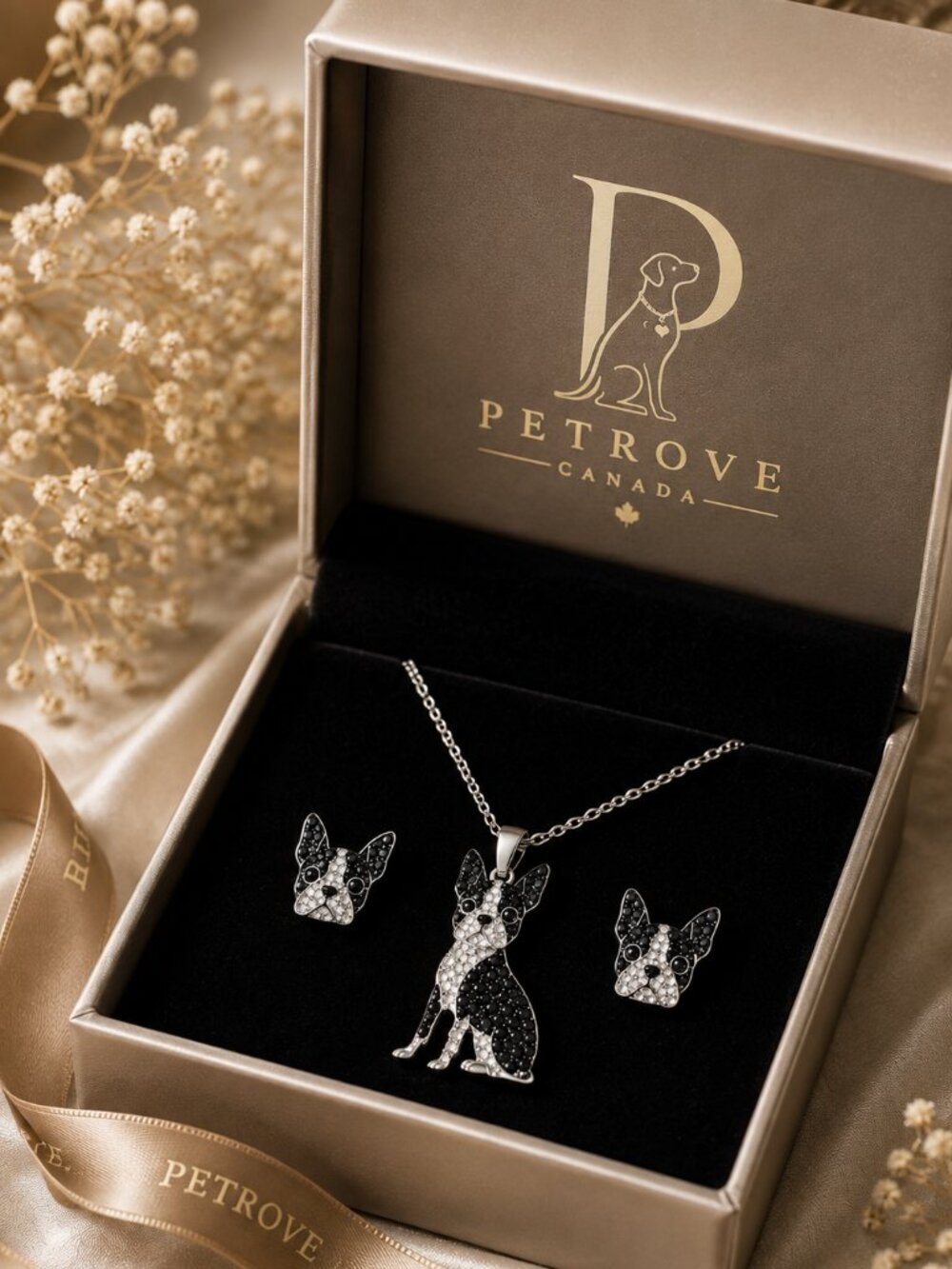PETROVE Boston Terrier Necklace & Earrings Set – Black Silver Crystal Dog Jewelr